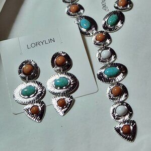 Lorylin necklace & earring set silver tone faux turquoise coral white NIP